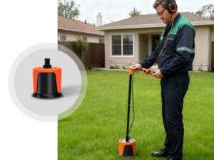professional plumber in Hamilton VA using a digital acoustic leak detector on a residential lawn
